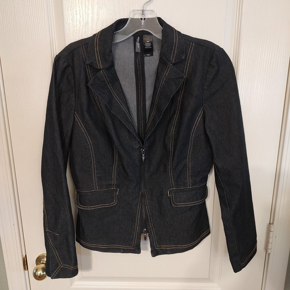 Bisou Bisou Blue Denim Dark Wash Blazer Jacket Zip Up Notch Lapels Women's Sz M